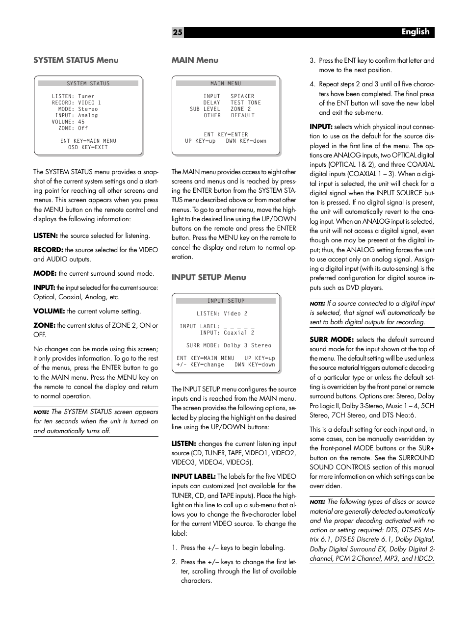 System status menu, Main menu, Input setup menu | System status menu main menu input setup menu, English | ROTEL RSP1066 User Manual | Page 25 / 76