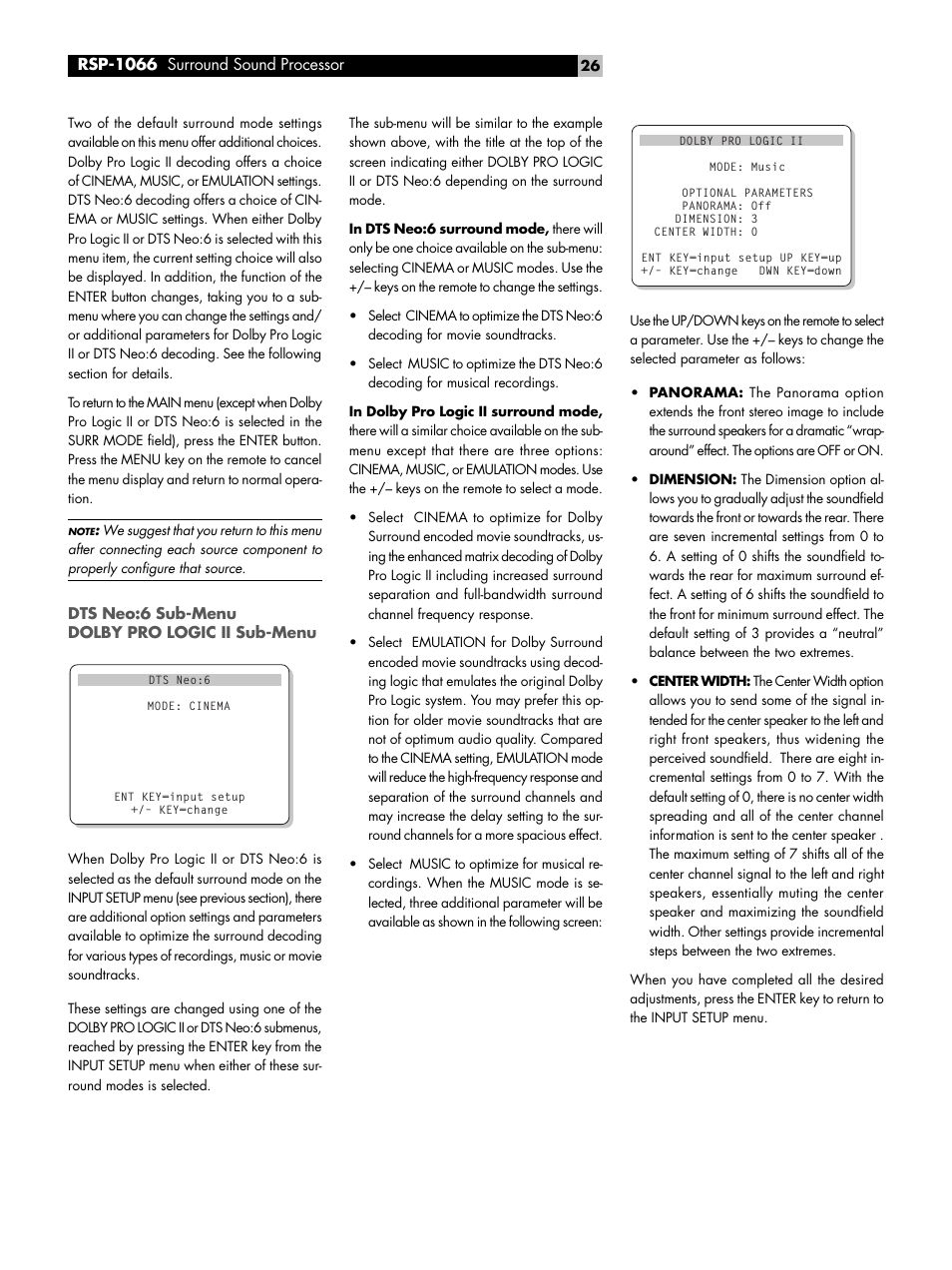 Dts neo:6 sub-menu dolby pro logic ii sub-menu | ROTEL RSP1066 User Manual | Page 26 / 76