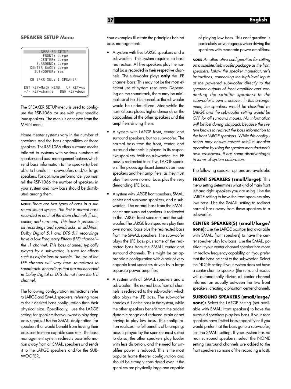 Speaker setup menu | ROTEL RSP1066 User Manual | Page 27 / 76