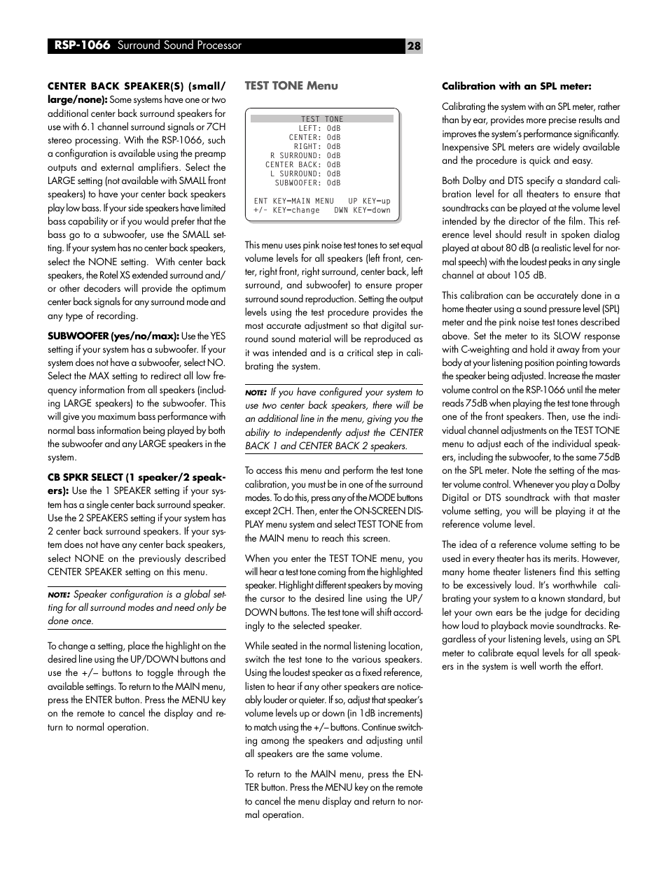 Test tone menu | ROTEL RSP1066 User Manual | Page 28 / 76