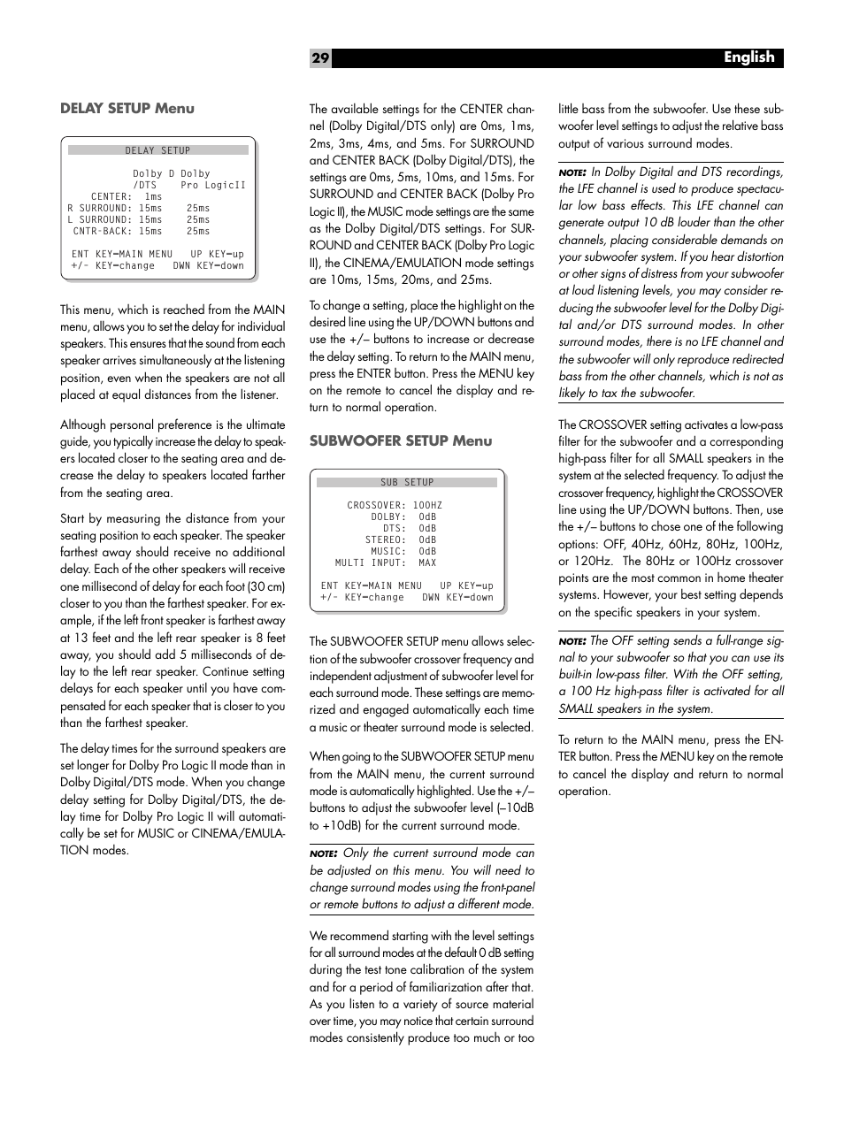 Delay setup menu, Subwoofer setup menu, Delay setup menu subwoofer setup menu | English | ROTEL RSP1066 User Manual | Page 29 / 76