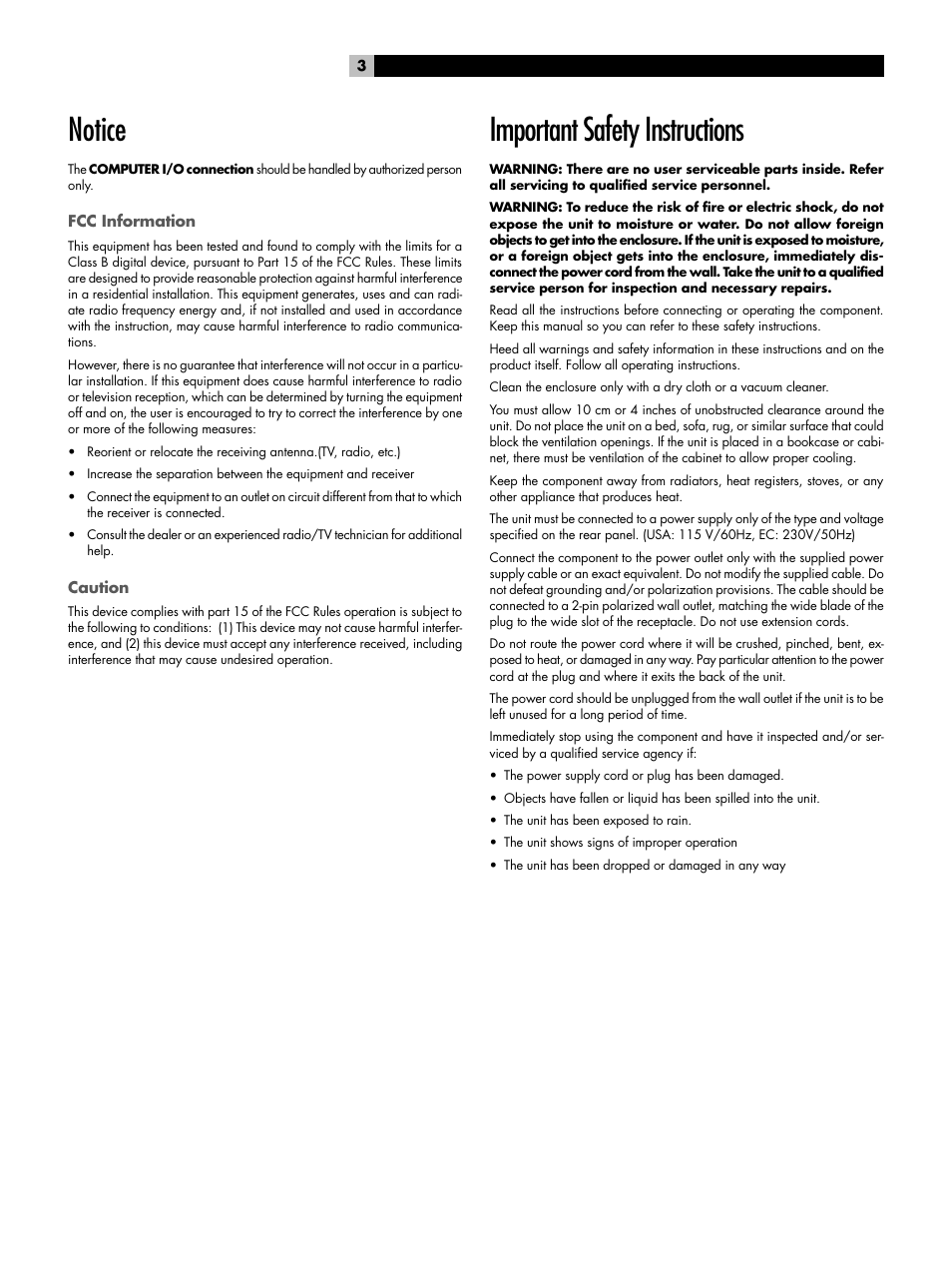Notice, Fcc information, Caution | Important safety instructions | ROTEL RSP1066 User Manual | Page 3 / 76