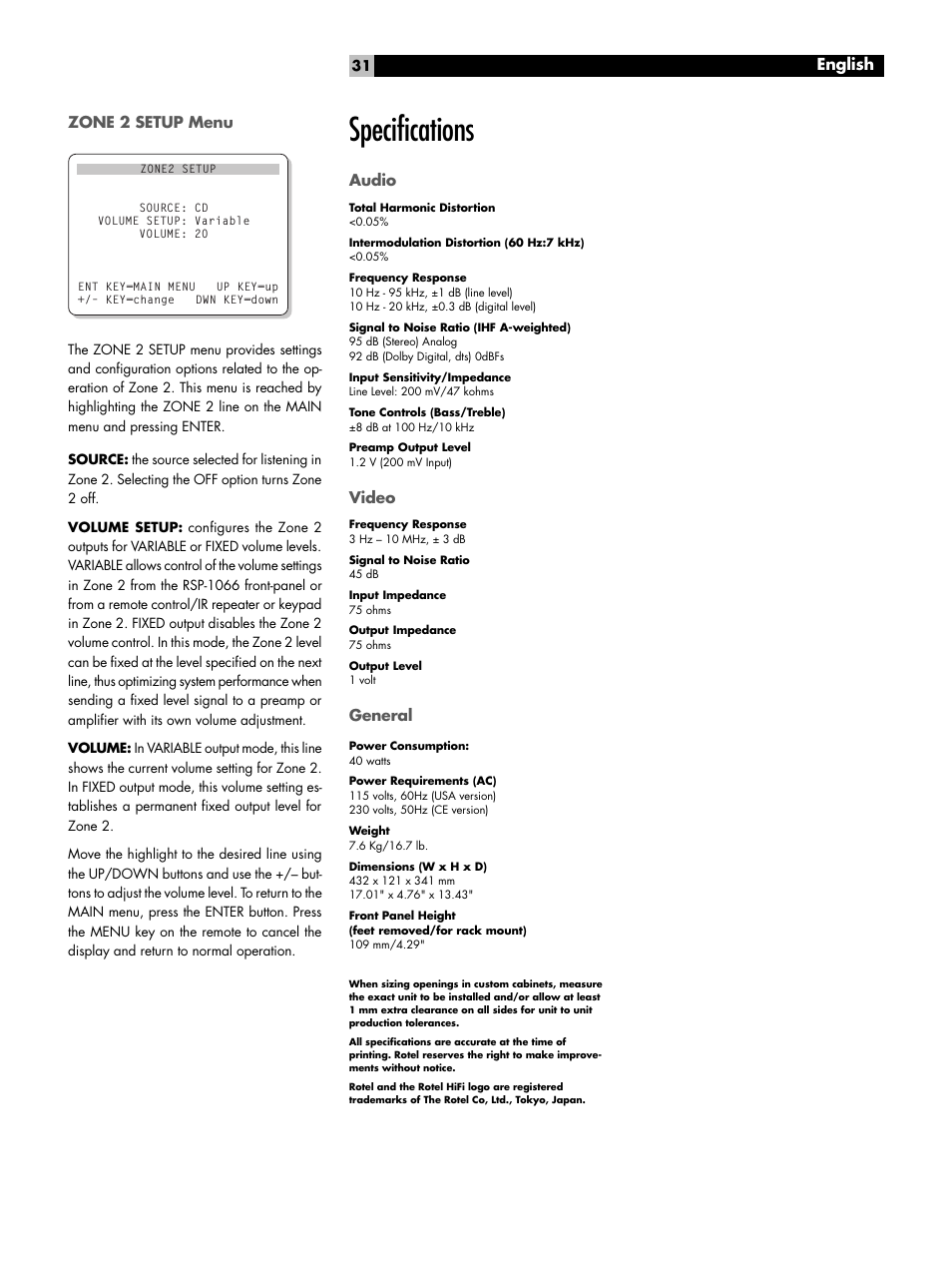 Zone 2 setup menu, Specifications, Audio | Video, General, Specifications audio video general, English | ROTEL RSP1066 User Manual | Page 31 / 76