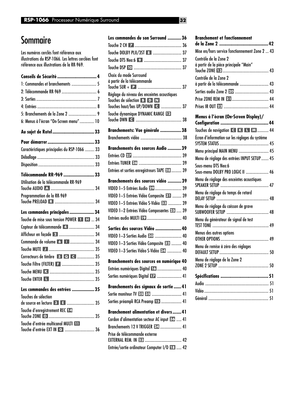 Conseils de sécurité 4, Sommaire | ROTEL RSP1066 User Manual | Page 32 / 76