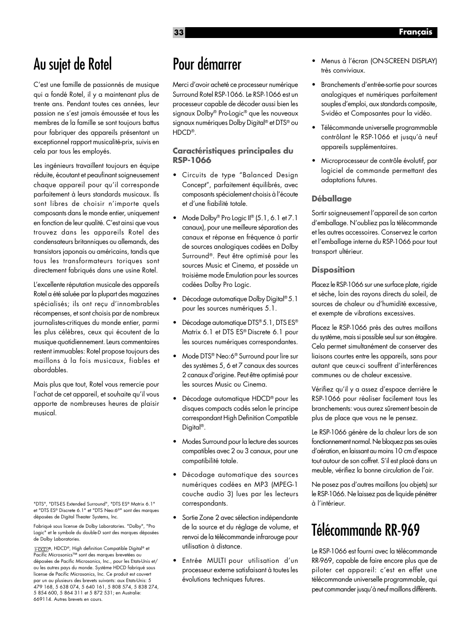 Au sujet de rotel, Pour démarrer, Caractéristiques principales du rsp-1066 | Déballage, Disposition, Télécommande rr-969, Français | ROTEL RSP1066 User Manual | Page 33 / 76