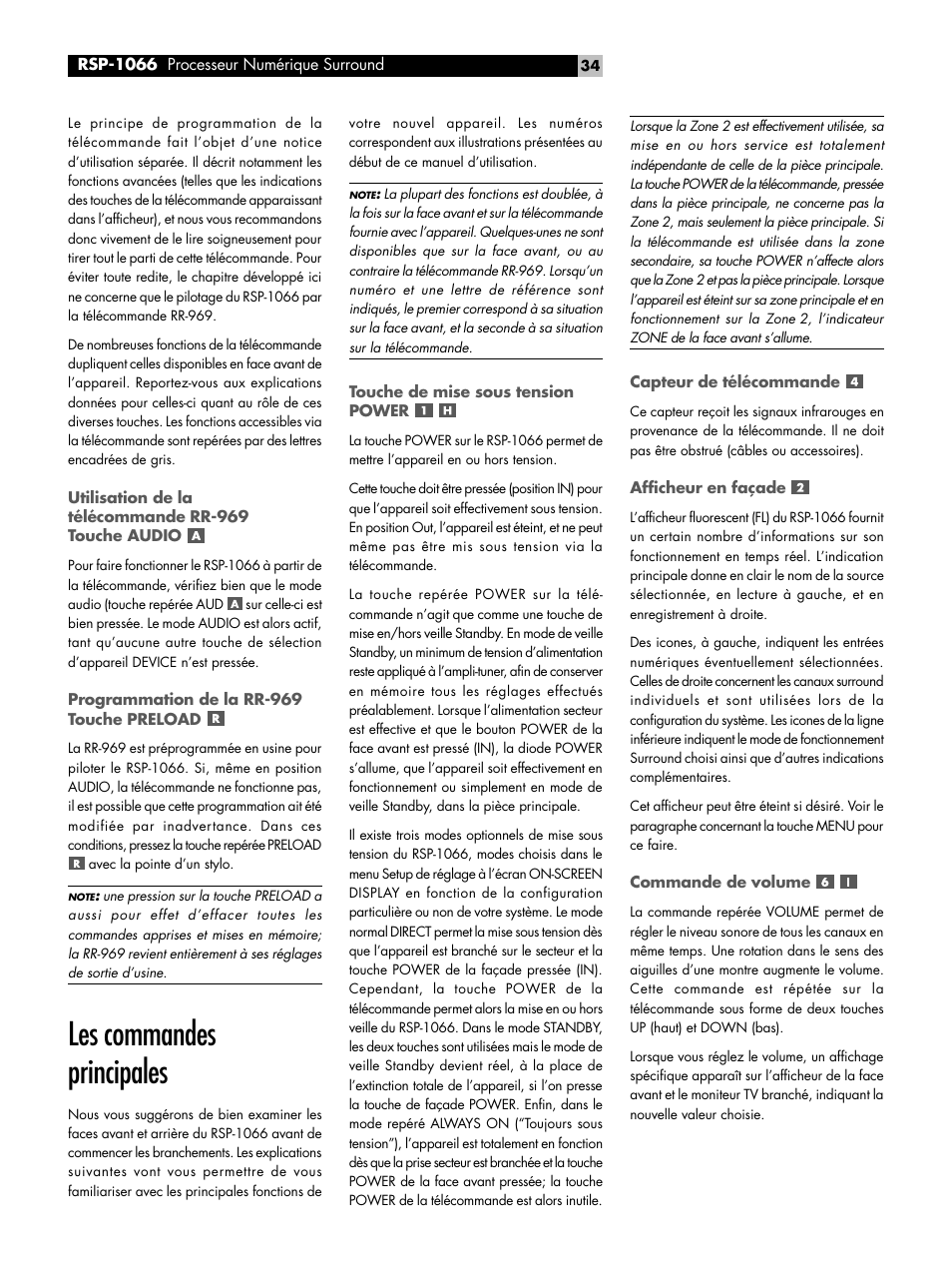 Utilisation de la télécommande rr-969 touche audio, Programmation de la rr-969 touche preload, Les commandes principales | Touche de mise sous tension power, Capteur de télécommande, Afficheur en façade, Commande de volume | ROTEL RSP1066 User Manual | Page 34 / 76