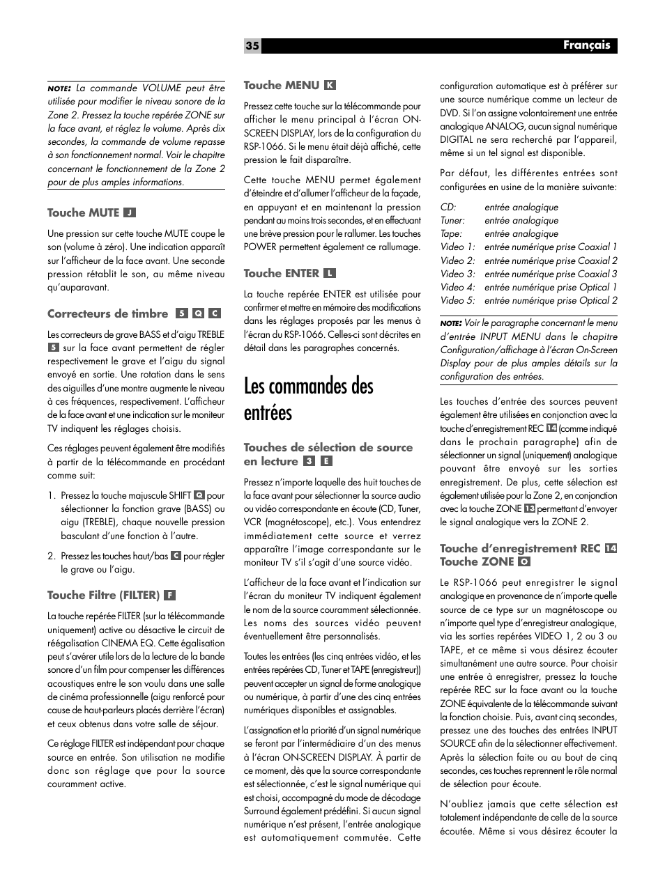 Touche mute, Correcteurs de timbre, Touche filtre (filter) | Touche menu, Touche enter, Les commandes des entrées, Touches de sélection de source en lecture, Touche d'enregistrement rec touche zone, Touche d’enregistrement rec touche zone | ROTEL RSP1066 User Manual | Page 35 / 76