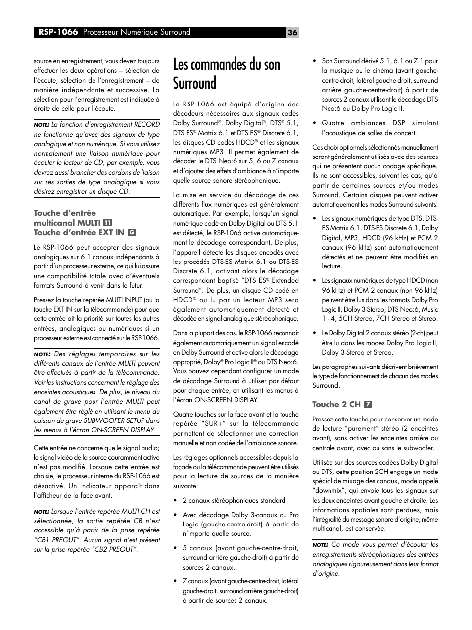 Les commandes du son surround, Touche 2 ch, Les commandes du son surround touche 2 ch | Rsp-1066 processeur numérique surround | ROTEL RSP1066 User Manual | Page 36 / 76
