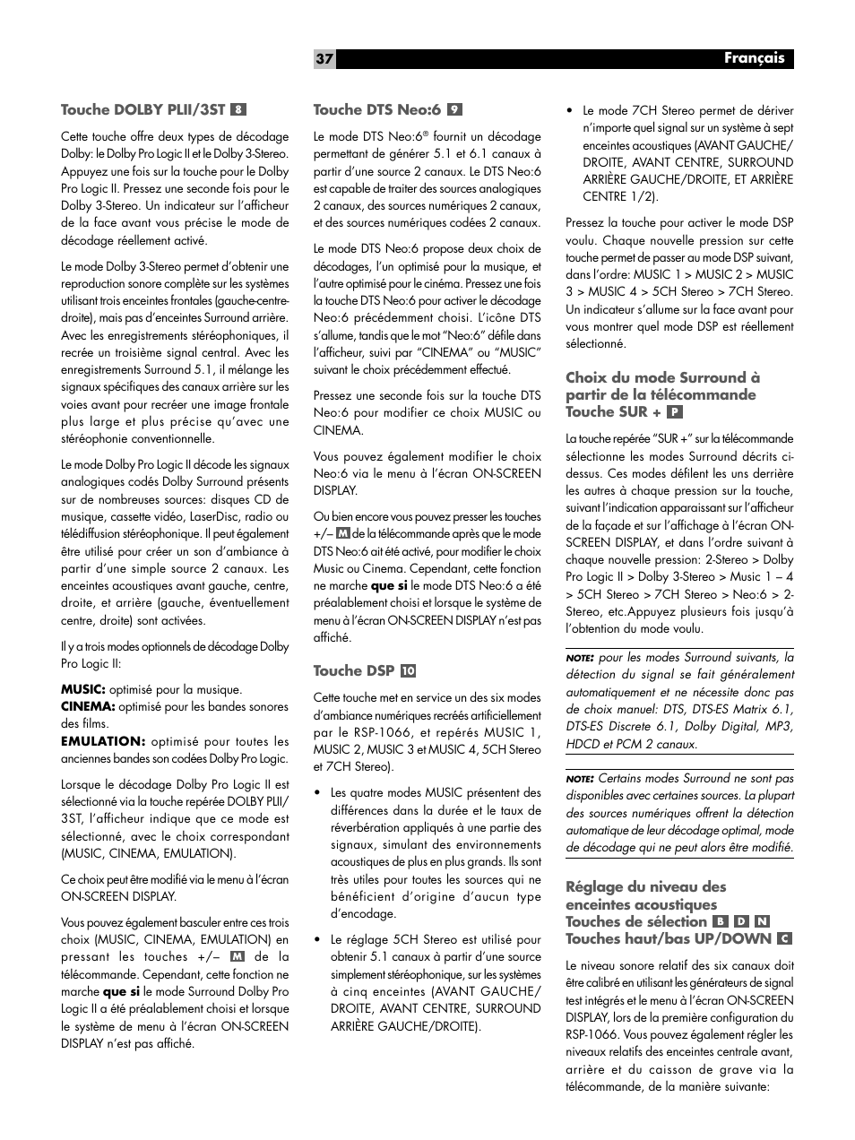 Touche dolby plii/3st, Touche dts neo:6, Touche dsp | Touches haut/bas up/down | ROTEL RSP1066 User Manual | Page 37 / 76