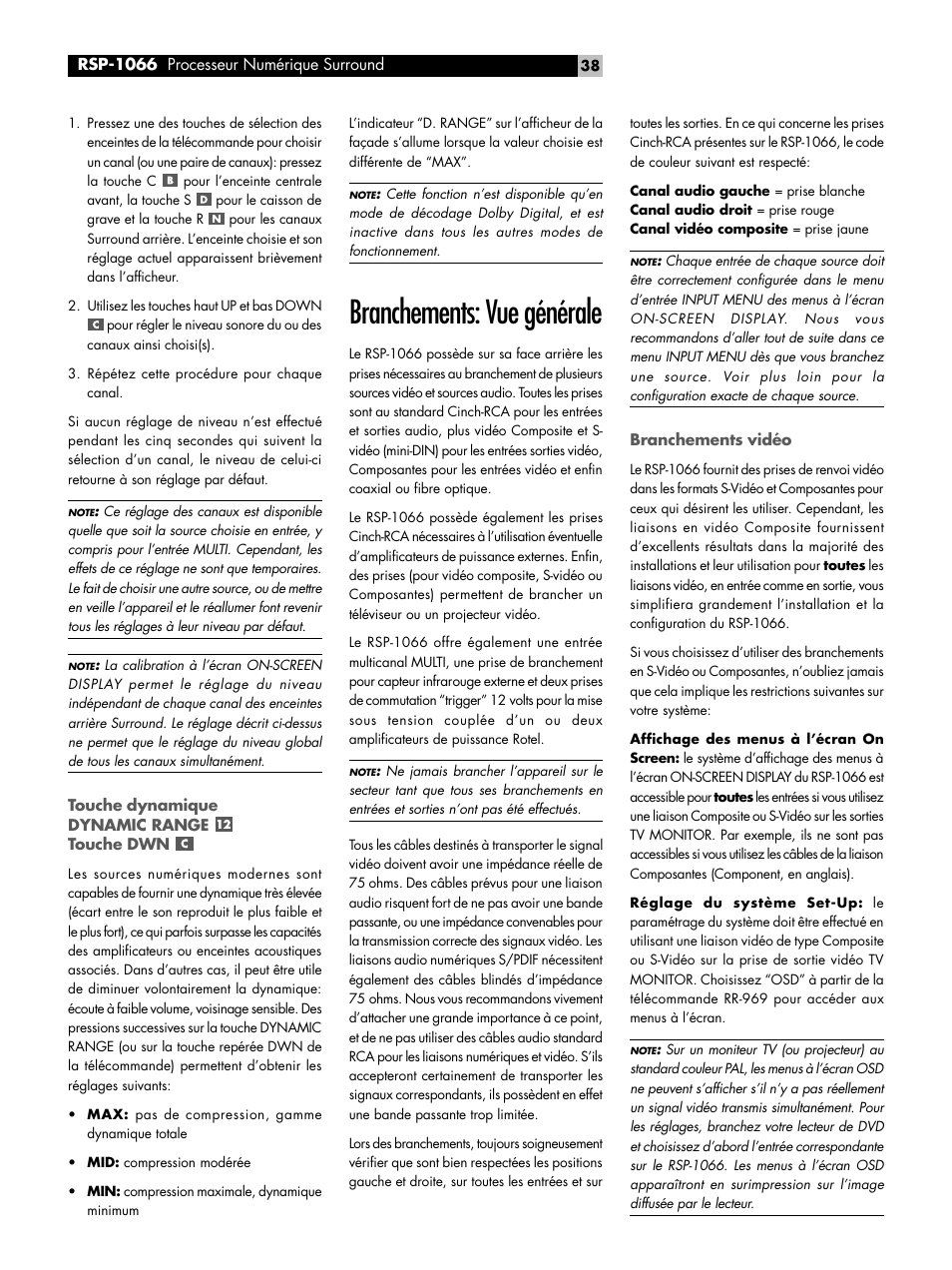 Touche dynamique dynamic range touche dwn, Branchements: vue générale, Branchements vidéo | Branchements: vue générale branchements vidéo | ROTEL RSP1066 User Manual | Page 38 / 76