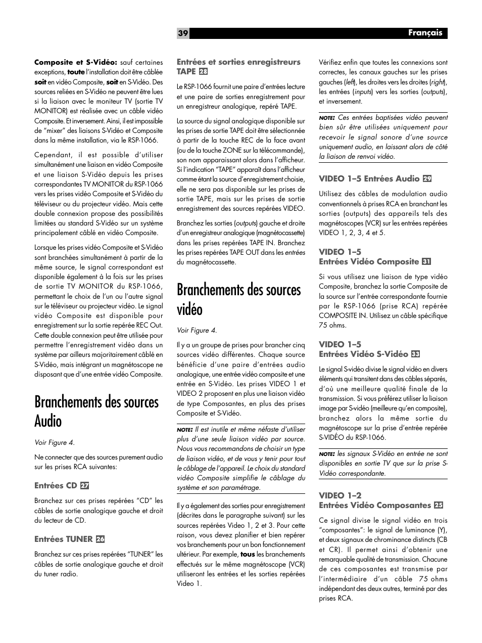 Branchements des sources audio, Entrées cd, Entrées tuner | Entrées et sorties enregistreurs tape, Branchements des sources vidéo, Video 1-5 entrées audio, Video 1-5 entrées vidéo composite, Video 1-5 entrées vidéo s-vidéo, Video 1-2 entrées vidéo composantes, Branchements des sources audio entrées cd | ROTEL RSP1066 User Manual | Page 39 / 76