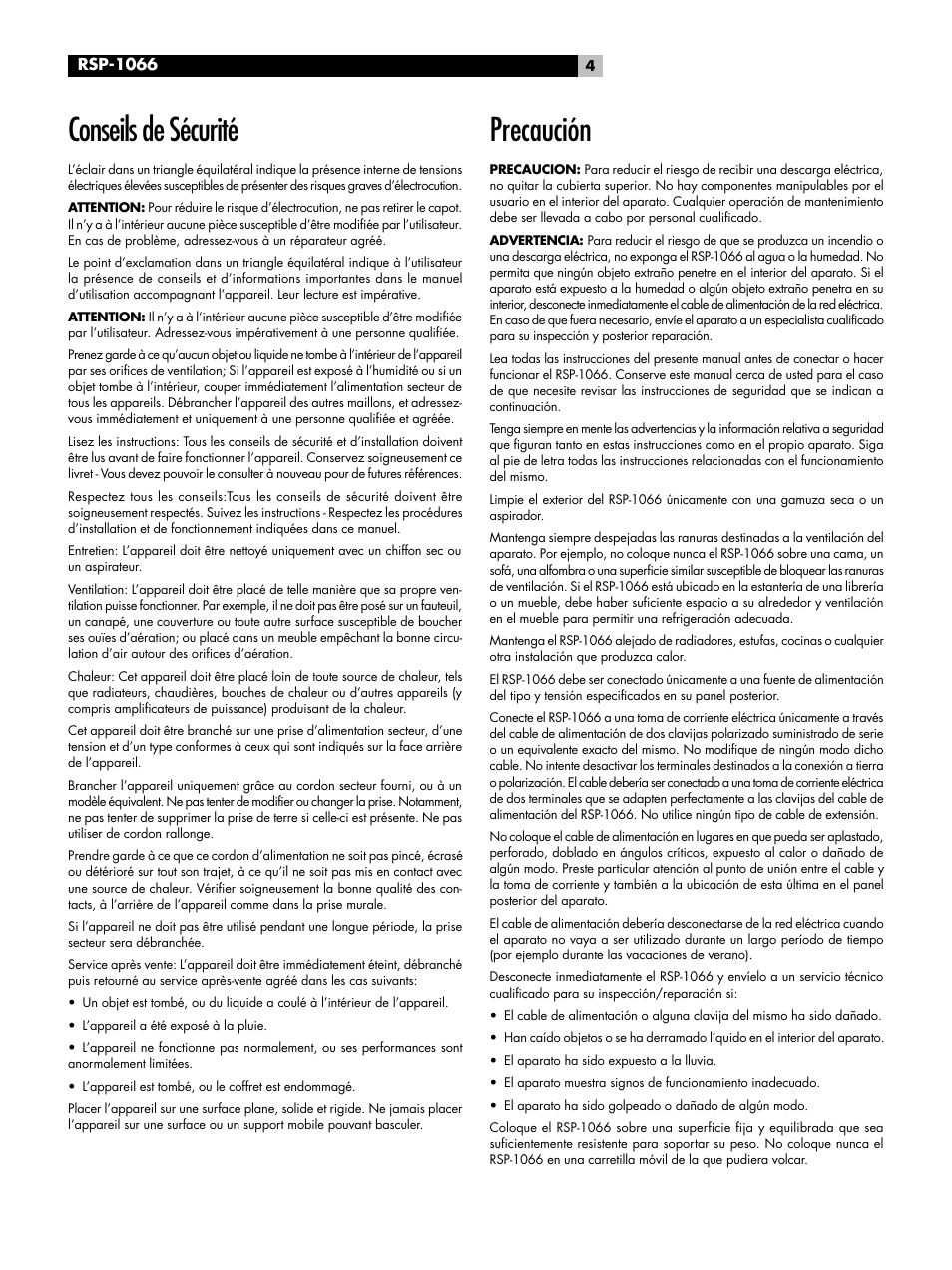 Precaución, Conseils de sécurité | ROTEL RSP1066 User Manual | Page 4 / 76
