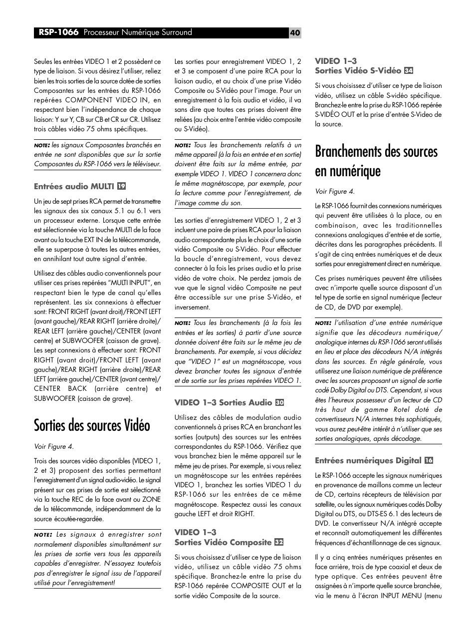 Entrées audio multi, Sorties des sources vidéo, Video 1-3 sorties audio | Video 1-3 sorties vidéo composite, Video 1-3 sorties vidéo s-vidéo, Branchements des sources en numérique, Entrées numériques digital, Sorties des sources vidéo video 1–3 sorties audio, Video 1–3 sorties vidéo composite, Video 1–3 sorties vidéo s-vidéo | ROTEL RSP1066 User Manual | Page 40 / 76