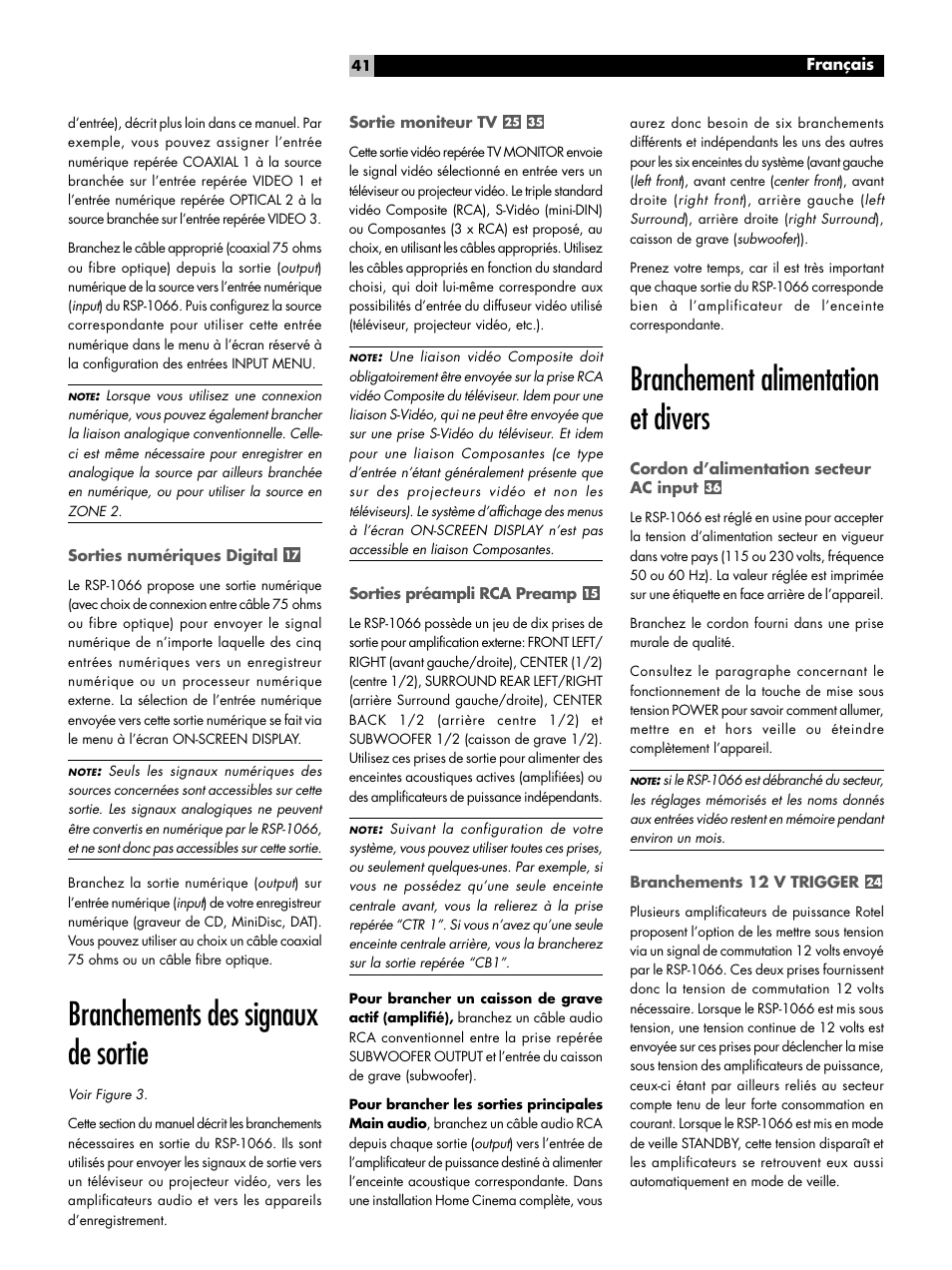 Sorties numériques digital, Branchements des signaux de sortie, Sortie moniteur tv | Sorties préampli rca preamp, Branchement alimentation et divers, Cordon d'alimentation secteur ac input, Branchements 12 v trigger | ROTEL RSP1066 User Manual | Page 41 / 76