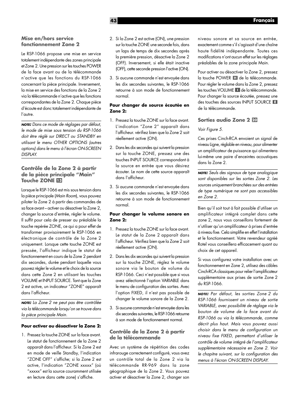 Mise en/hors service fonctionnement zone 2, Contrôle de la zone 2 à partir de la télécommande, Sorties audio zone 2 | ROTEL RSP1066 User Manual | Page 43 / 76