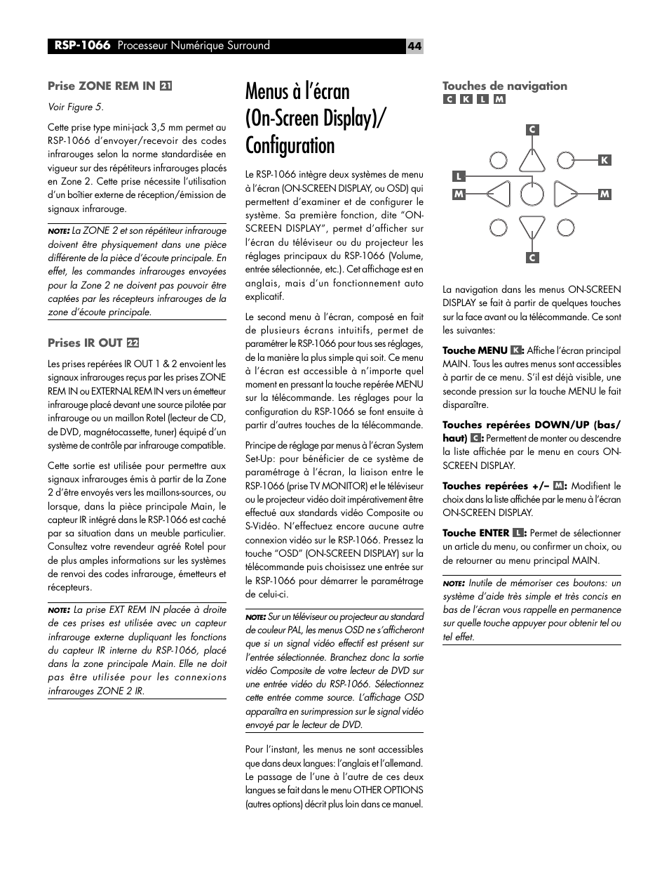 Prise zone rem in, Prises ir out, Menus à l'écran (on-screen display)/configuration | Touches de navigation, Menus à l’écran (on-screen display)/ configuration | ROTEL RSP1066 User Manual | Page 44 / 76