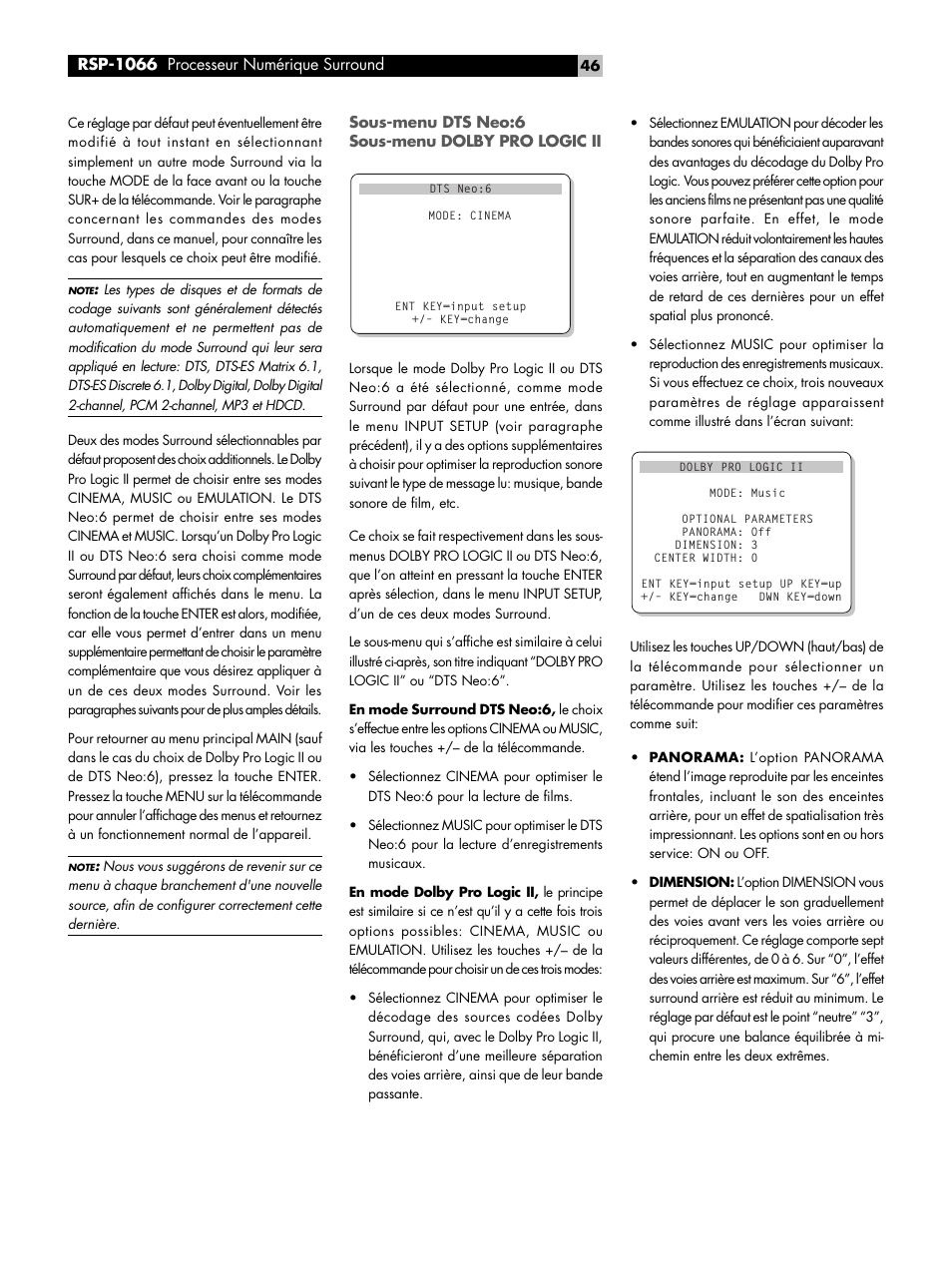 Sous-menu dts neo:6 sous-menu dolby pro logic ii | ROTEL RSP1066 User Manual | Page 46 / 76