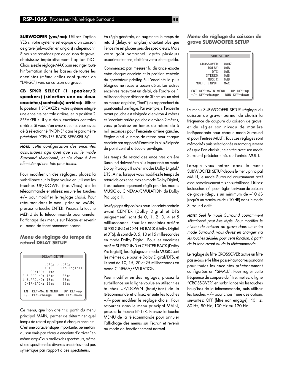 Menu de réglage du temps de retard delay setup | ROTEL RSP1066 User Manual | Page 48 / 76