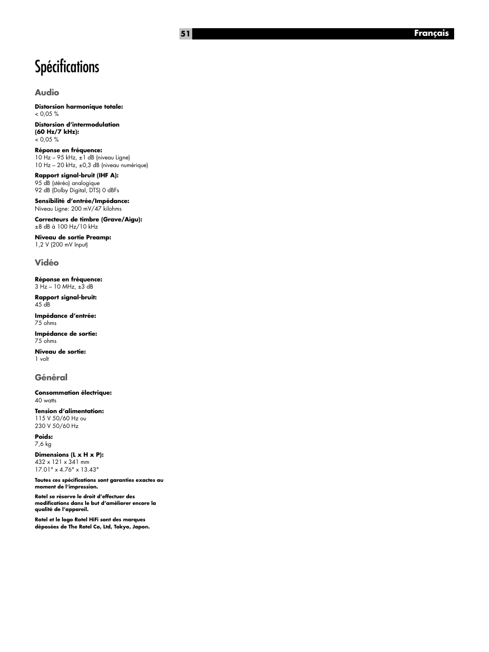 Spécifications, Audio, Vidéo | Général, Spécifications audio vidéo général, Français | ROTEL RSP1066 User Manual | Page 51 / 76