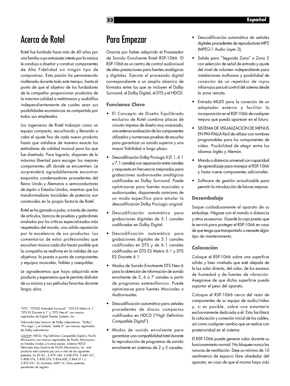 Acerca de rotel, Para empezar, Funciones clave | Desembalaje, Colocación | ROTEL RSP1066 User Manual | Page 53 / 76