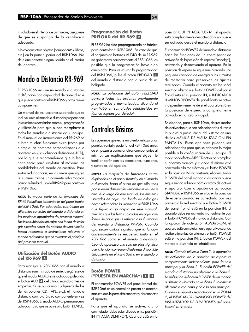 Mando a distancia rr-969, Utilización del botón audio del rr-969, Programación del botón preload del rr-969 | Controles básicos, Botón power ("puesta en marcha"), Controles básicos botón power (“puesta en marcha”) | ROTEL RSP1066 User Manual | Page 54 / 76