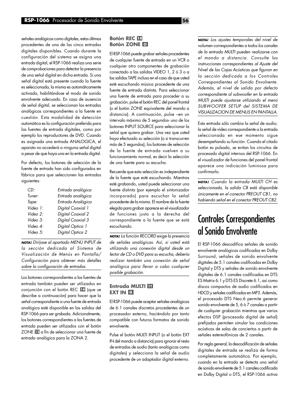 Botón rec botón zone, Entrada multi ext in, Controles correspondientes al sonido envolvente | ROTEL RSP1066 User Manual | Page 56 / 76