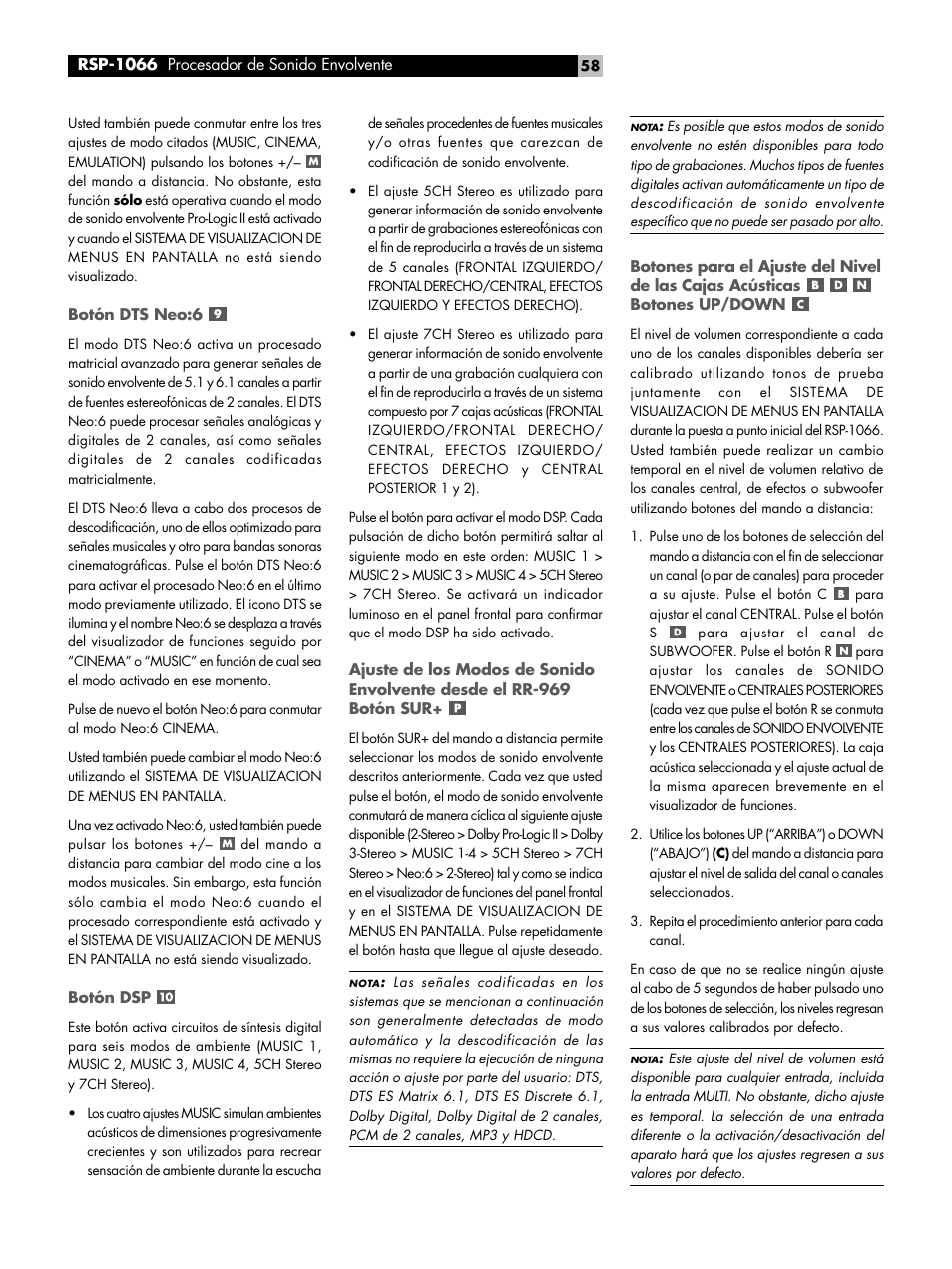 Botón dts neo:6, Botón dsp, Botones up/down | ROTEL RSP1066 User Manual | Page 58 / 76