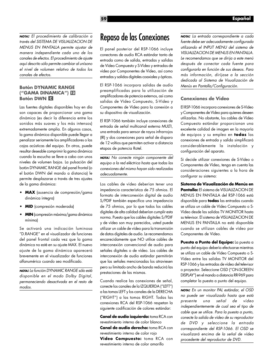 Botón dynamic range ("gama dinamica") botón dwn, Repaso de las conexiones, Conexiones de vídeo | Botón dynamic range (“gama dinamica”) botón dwn, Repaso de las conexiones conexiones de vídeo | ROTEL RSP1066 User Manual | Page 59 / 76