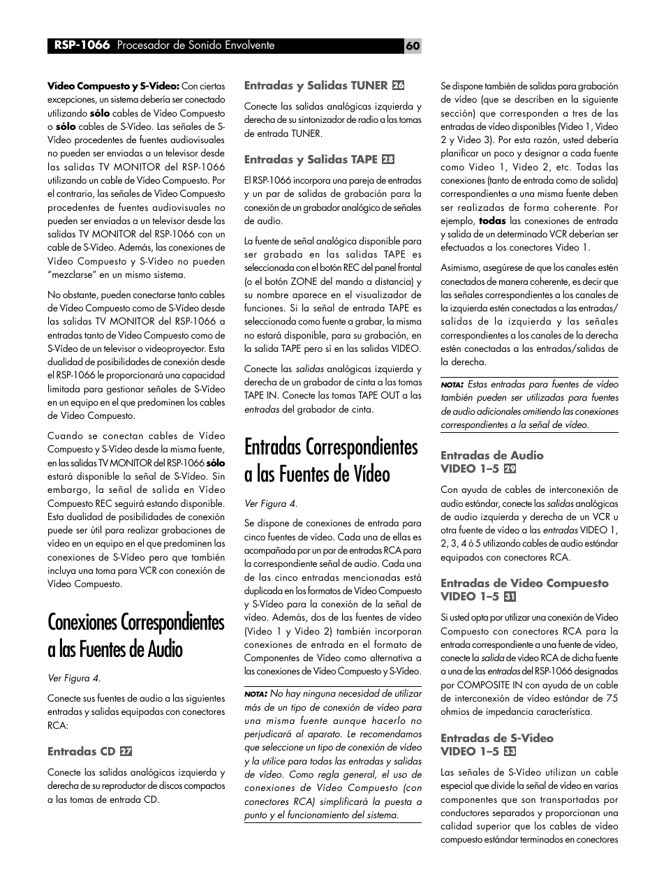 Conexiones correspondientes a las fuentes de audio, Entradas cd, Entradas y salidas tuner | Entradas y salidas tape, Entradas correspondientes a las fuentes de vídeo, Entradas de audio video 1-5, Entradas de vídeo compuesto video 1-5, Entradas de s-vídeo video 1-5, Entradas de vídeo compuesto video 1–5, Entradas de s-vídeo video 1–5 | ROTEL RSP1066 User Manual | Page 60 / 76