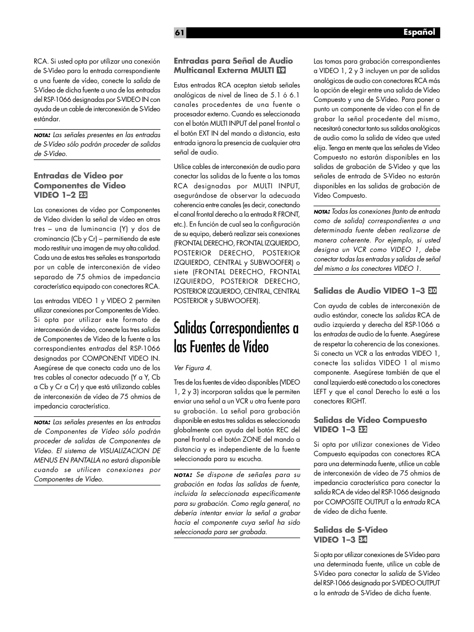 Salidas correspondientes a las fuentes de vídeo, Salidas de audio video 1-3, Salidas de vídeo compuesto video 1-3 | Salidas de s-vídeo video 1-3, Salidas de vídeo compuesto video 1–3, Salidas de s-vídeo video 1–3 | ROTEL RSP1066 User Manual | Page 61 / 76