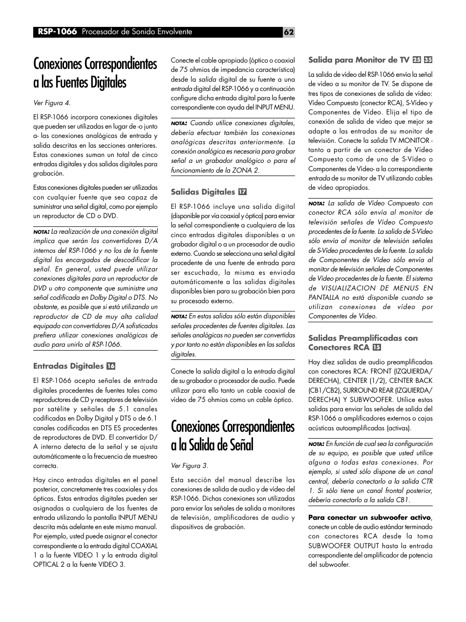 Entradas digitales, Salidas digitales, Conexiones correspondientes a la salida de señal | Salida para monitor de tv, Salidas preamplificadas con conectores rca | ROTEL RSP1066 User Manual | Page 62 / 76