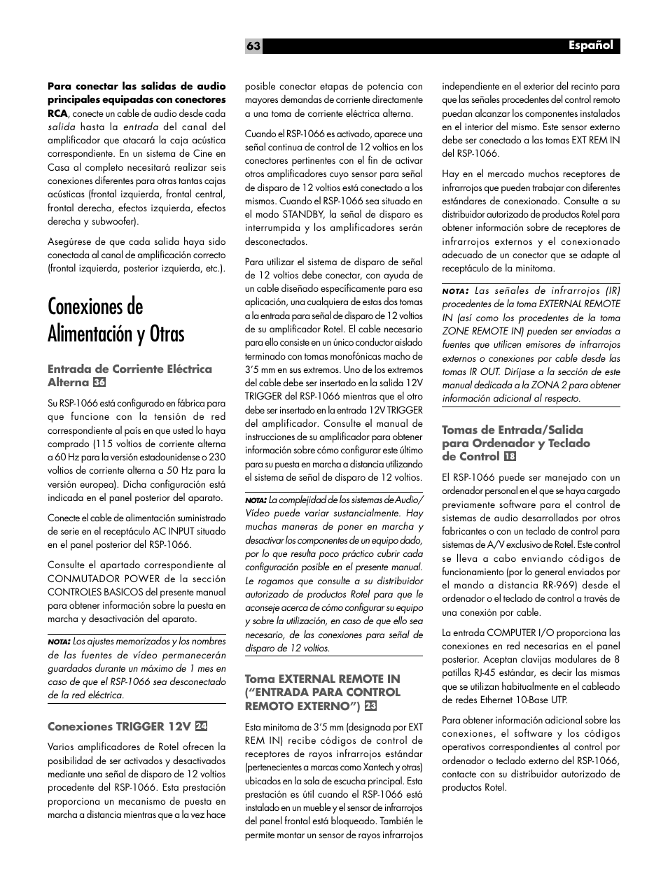 Conexiones de alimentación y otras, Entrada de corriente eléctrica alterna, Conexiones trigger 12v | ROTEL RSP1066 User Manual | Page 63 / 76