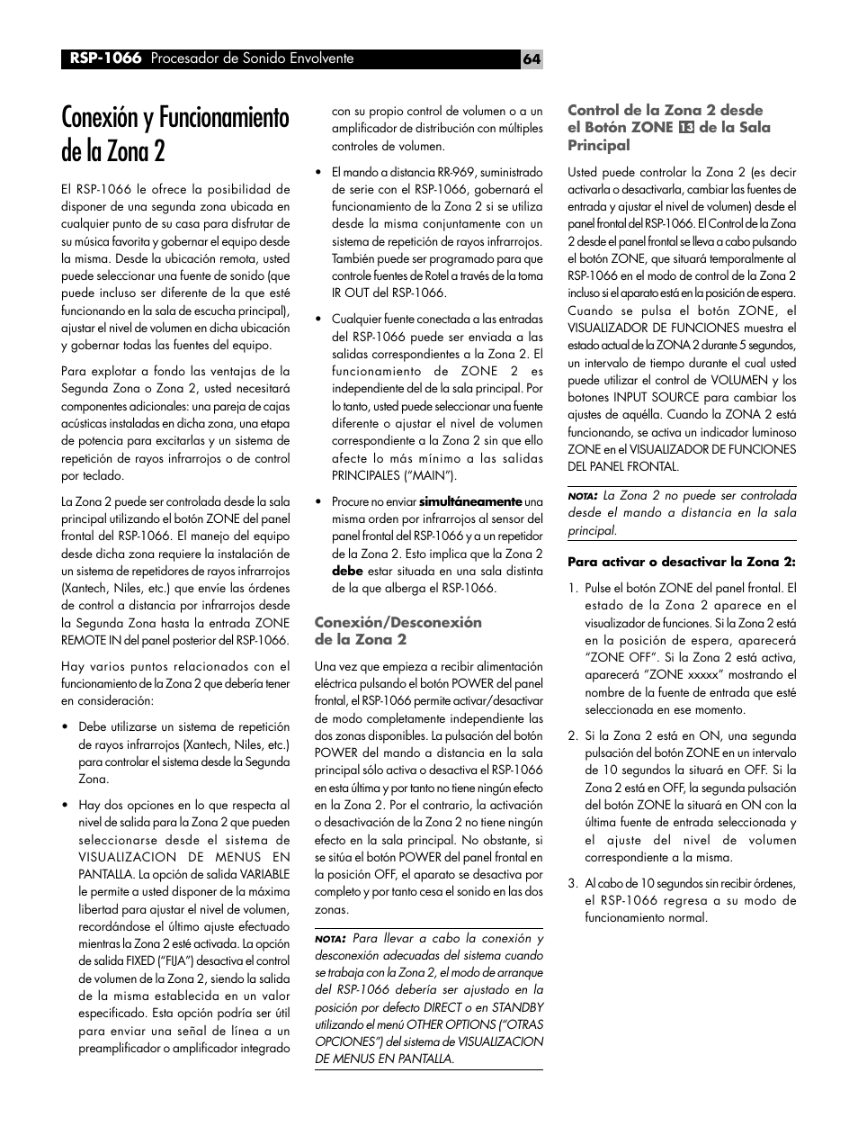 Conexión y funcionamiento de la zona 2, Conexión/desconexión de la zona 2, De la sala principal | ROTEL RSP1066 User Manual | Page 64 / 76