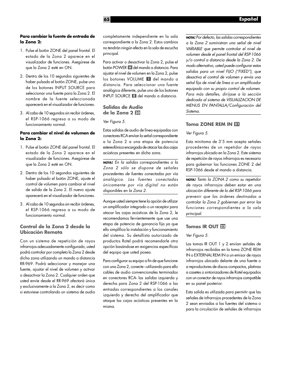 Control de la zona 2 desde la ubicación remota, Salidas de audio de la zona 2, Toma zone rem in | Tomas ir out | ROTEL RSP1066 User Manual | Page 65 / 76