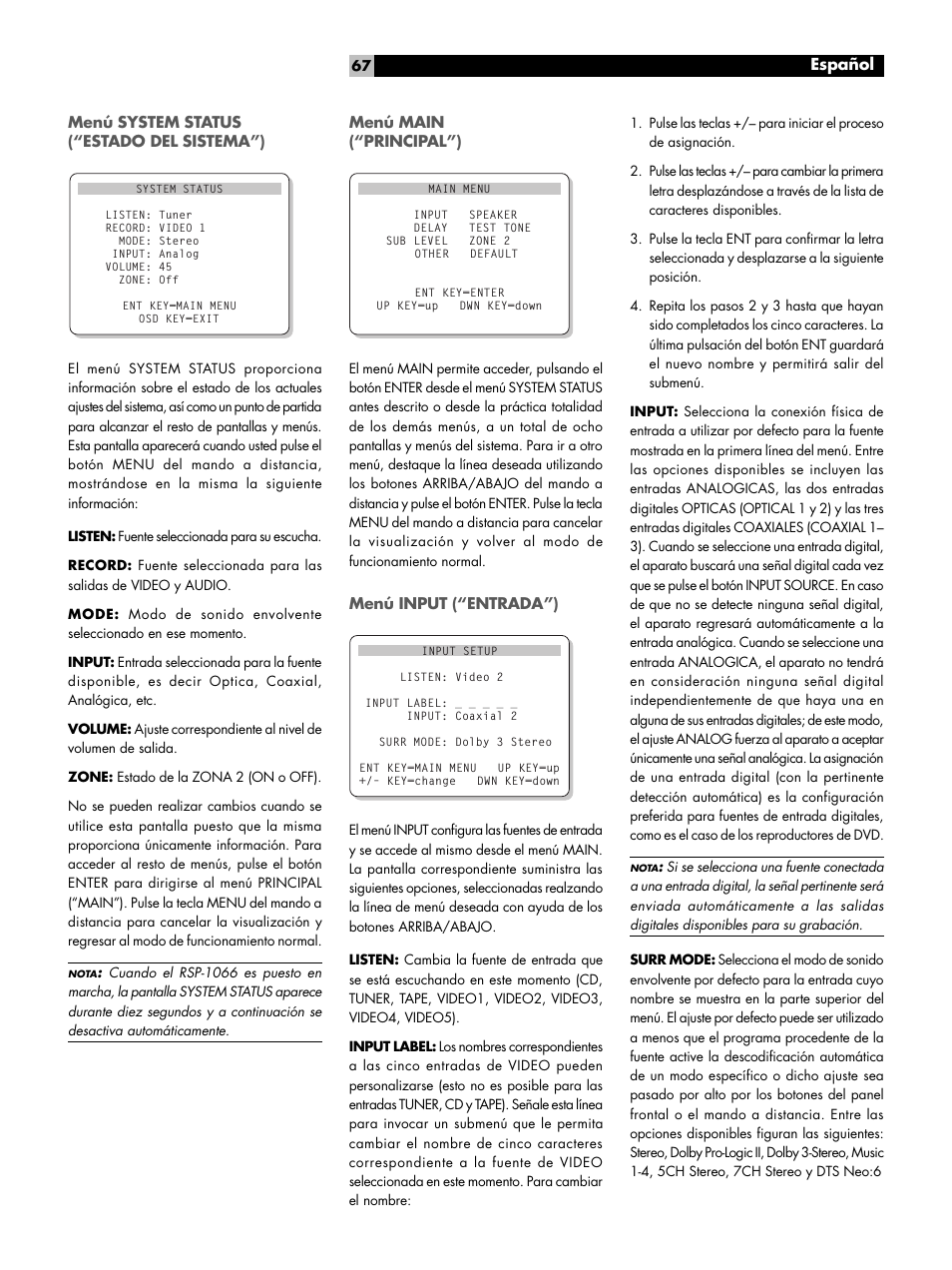 Menú system status ("estado del sistema"), Menú main ("principal"), Menú input ("entrada") | Español | ROTEL RSP1066 User Manual | Page 67 / 76