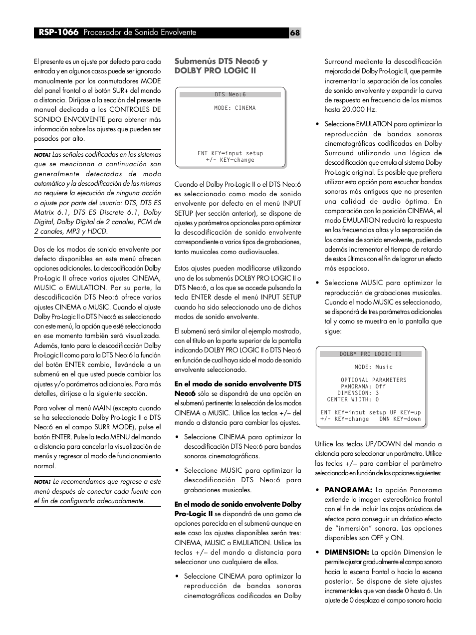 Submenús dts neo:6 y dolby pro logic ii | ROTEL RSP1066 User Manual | Page 68 / 76