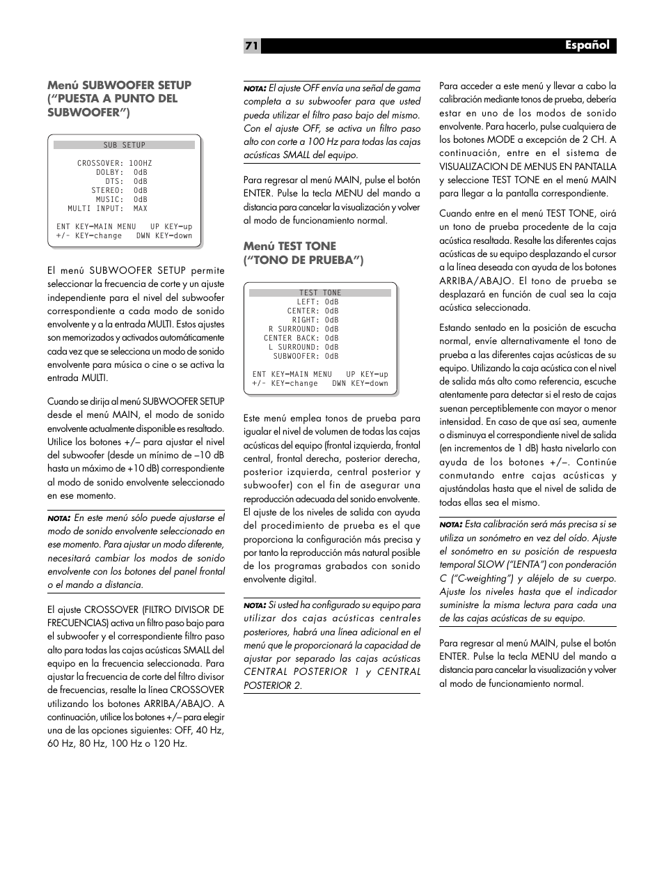 Menú test tone ("tono de prueba"), Español | ROTEL RSP1066 User Manual | Page 71 / 76