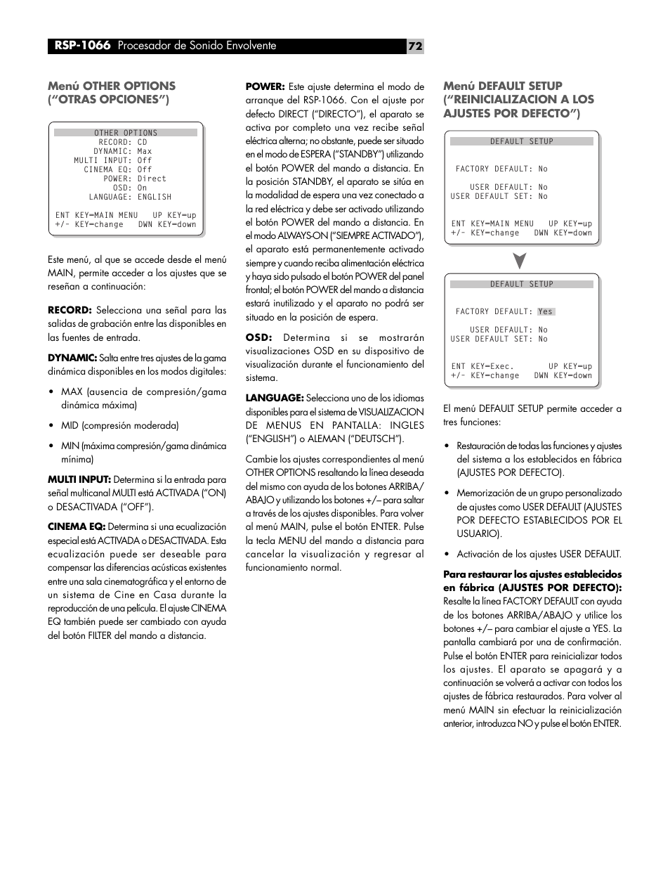 Menú other options ("otras opciones") | ROTEL RSP1066 User Manual | Page 72 / 76