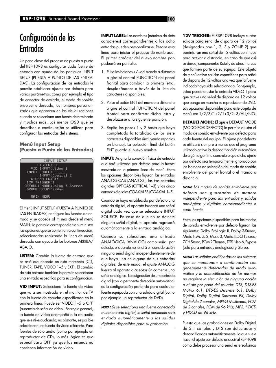 Configuración de las entradas | ROTEL RSP-1098 User Manual | Page 100 / 112