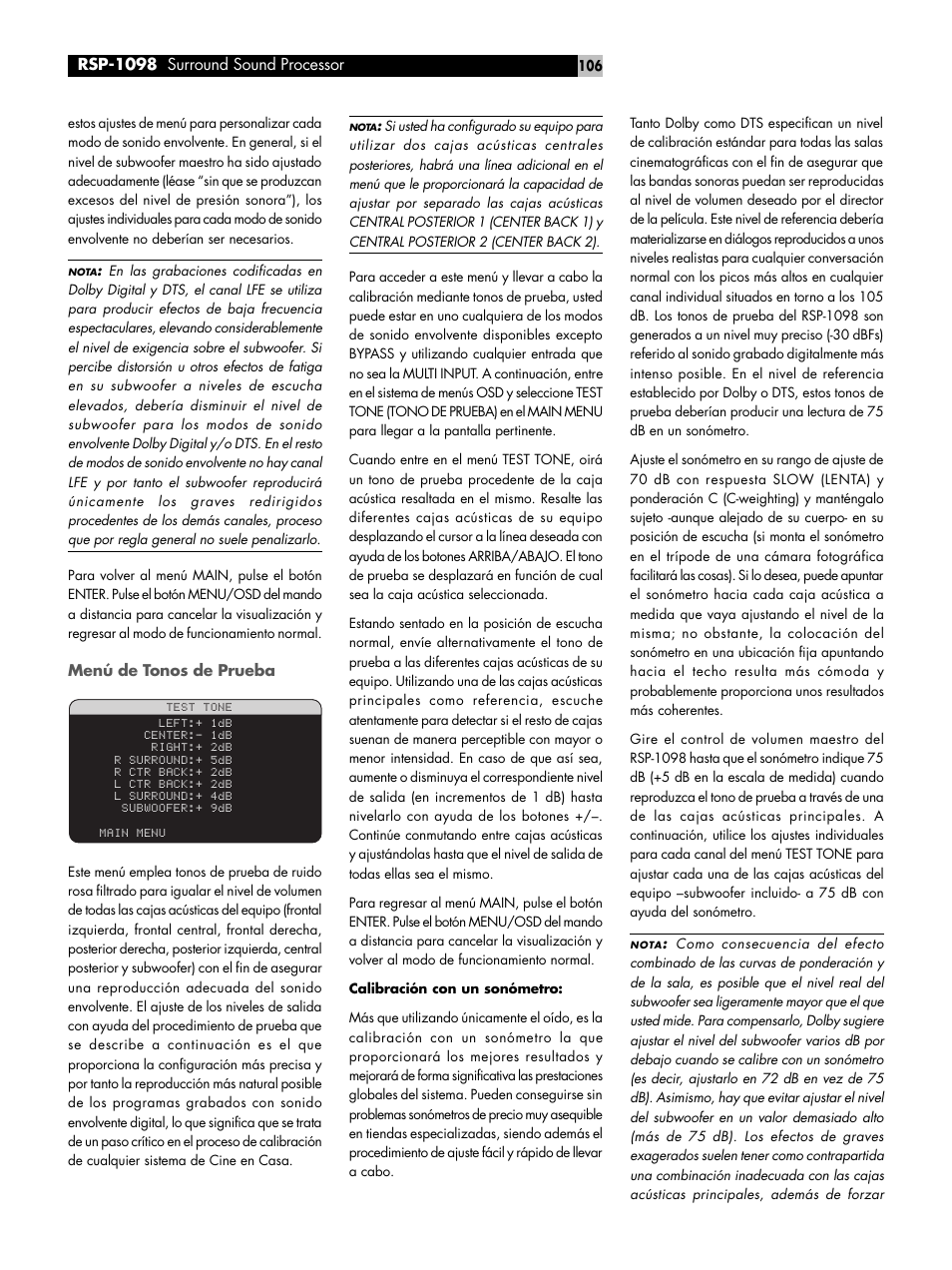 Rsp-1098 surround sound processor | ROTEL RSP-1098 User Manual | Page 106 / 112