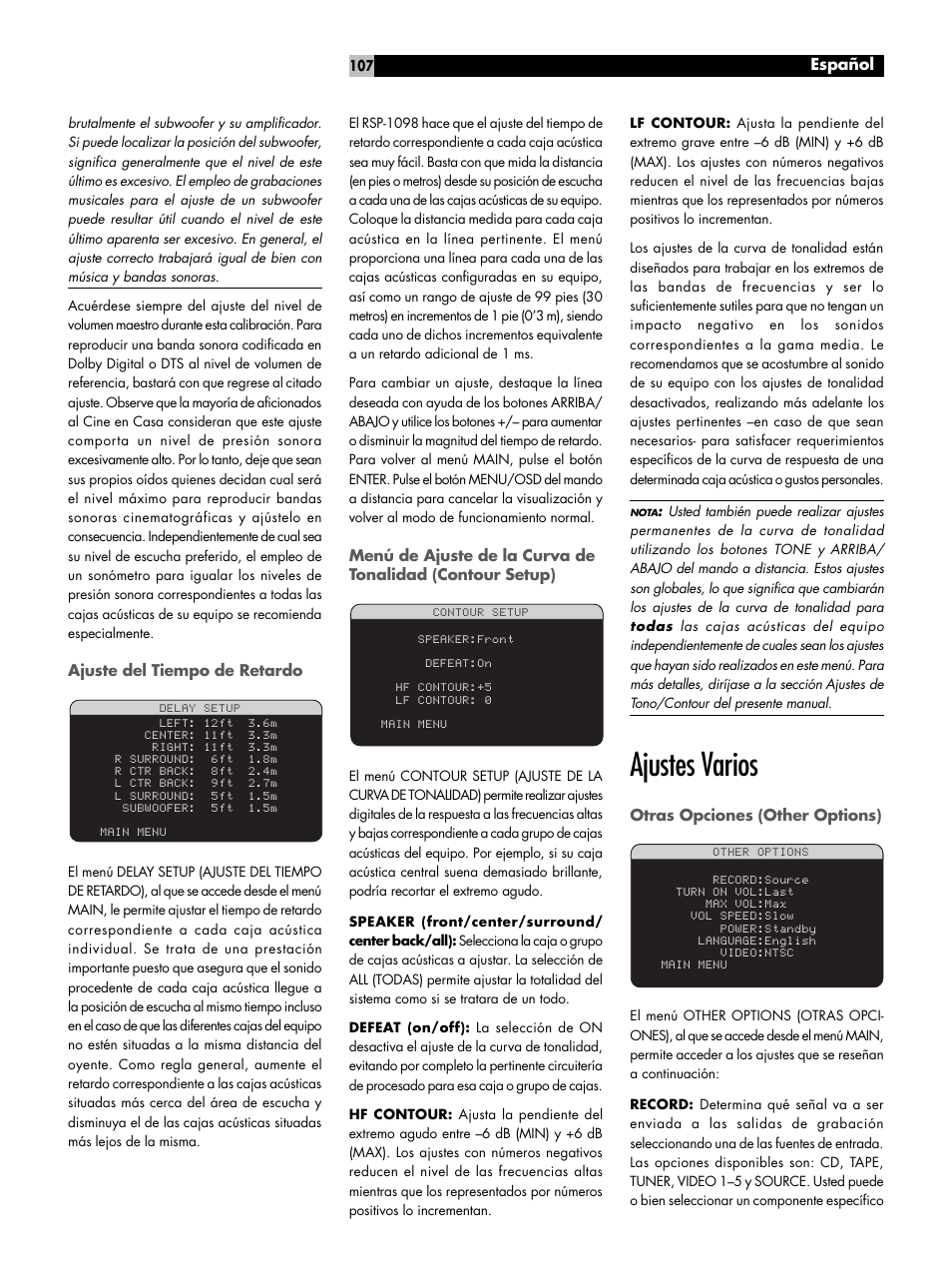 Ajustes varios | ROTEL RSP-1098 User Manual | Page 107 / 112