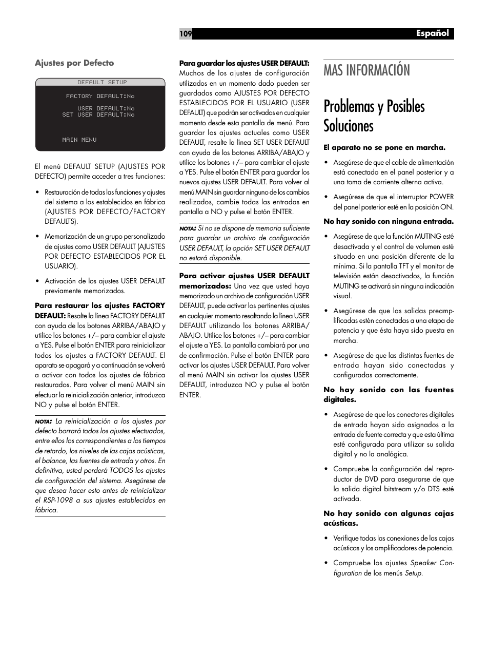 Problemas y posibles soluciones, Mas información | ROTEL RSP-1098 User Manual | Page 109 / 112