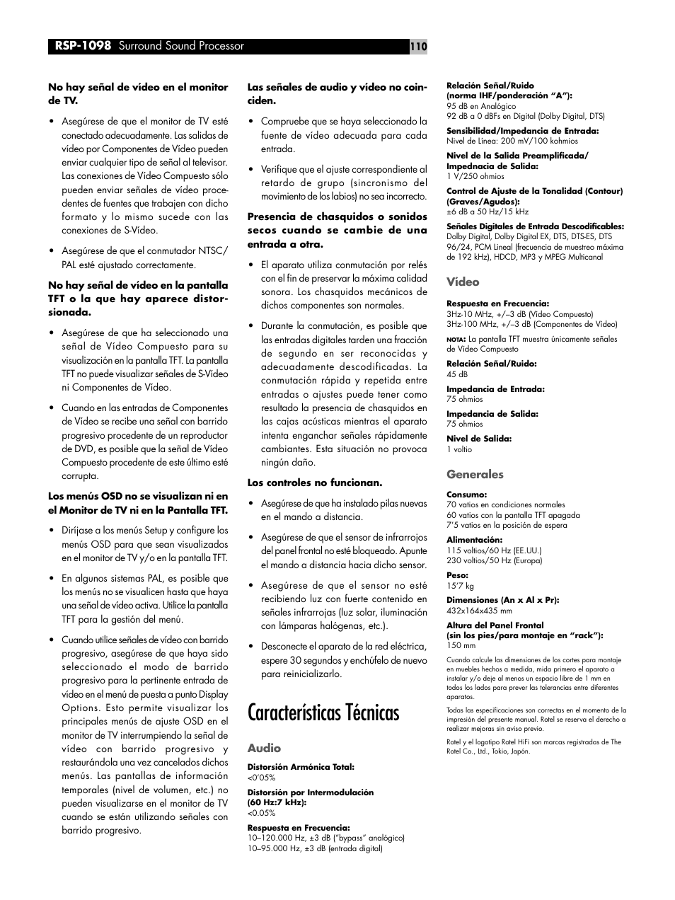 Características técnicas | ROTEL RSP-1098 User Manual | Page 110 / 112