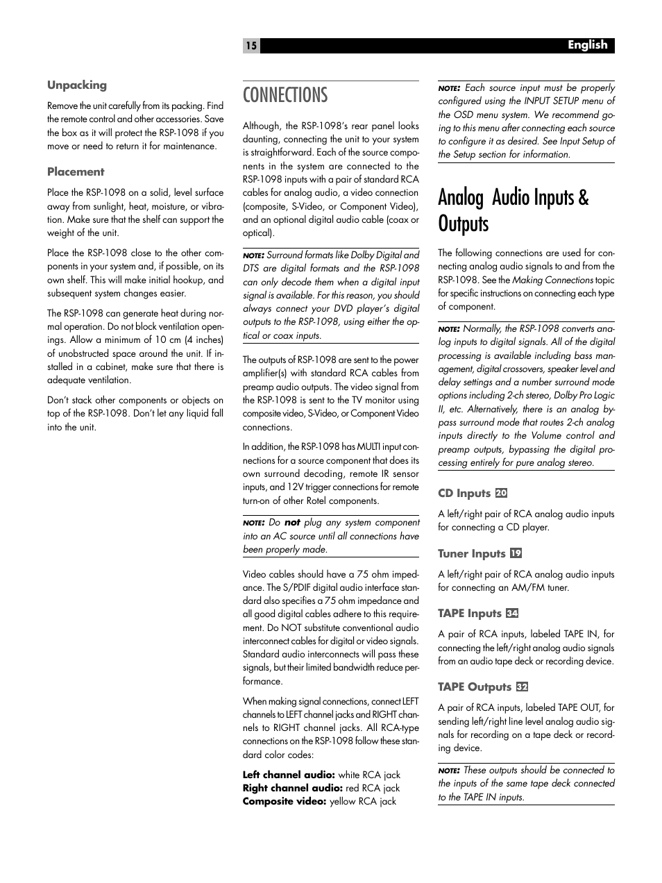 Unpacking, Placement, Connections | Analog audio inputs & outputs, Cd inputs, Tuner inputs, Tape inputs, Tape outputs | ROTEL RSP-1098 User Manual | Page 15 / 112