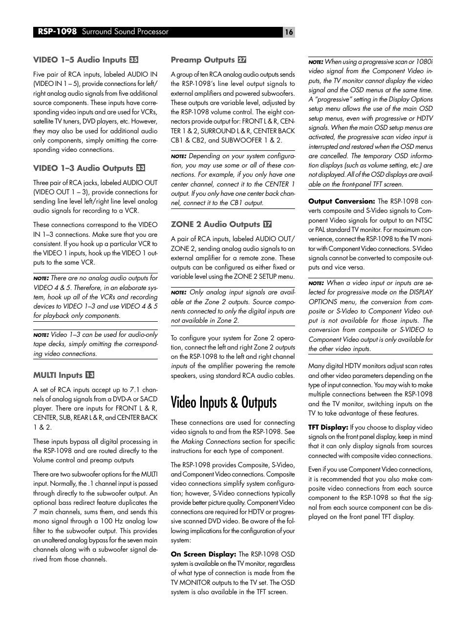 Video 1-5 audio inputs, Video 1-3 audio outputs, Multi inputs | Preamp outputs, Zone 2 audio outputs, Video inputs & outputs, Video 1–5 audio inputs, Video 1–3 audio outputs | ROTEL RSP-1098 User Manual | Page 16 / 112