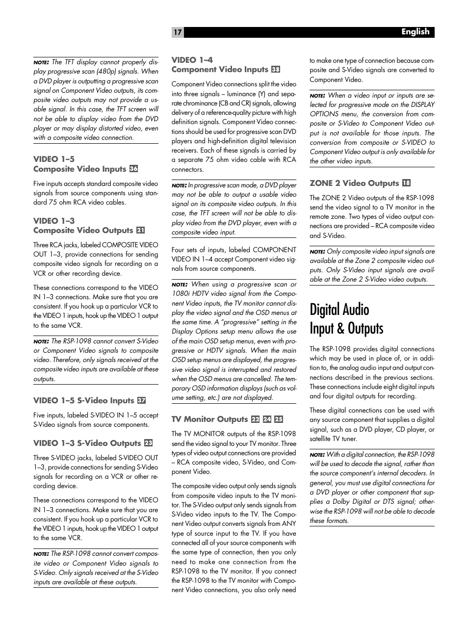 Video 1-5 composite video inputs, Video 1-3 composite video outputs, Video 1-5 s-video inputs | Video 1-3 s-video outputs, Video 1-4 component video inputs, Tv monitor outputs, Zone 2 video outputs, Digital audio input & outputs, Video 1–5 composite video inputs, Video 1–3 composite video outputs | ROTEL RSP-1098 User Manual | Page 17 / 112