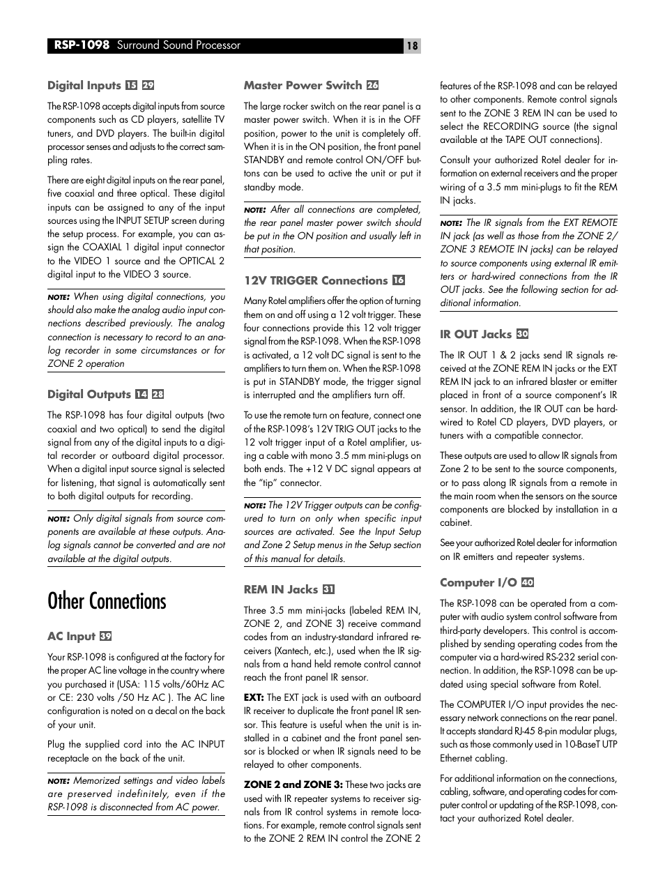 Digital inputs, Digital outputs, Other connections | Ac input, Master power switch, 12v trigger connections, Rem in jacks, Ir out jacks, Computer i/o | ROTEL RSP-1098 User Manual | Page 18 / 112