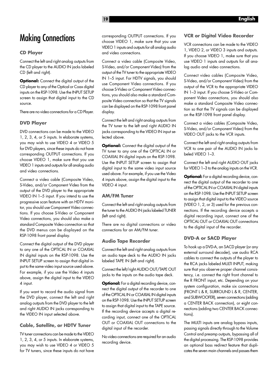Making connections, Cd player, Dvd player | Cable, satellite, or hdtv tuner, Am/fm tuner, Audio tape recorder, Vcr or digital video recorder, Dvd-a or sacd player | ROTEL RSP-1098 User Manual | Page 19 / 112