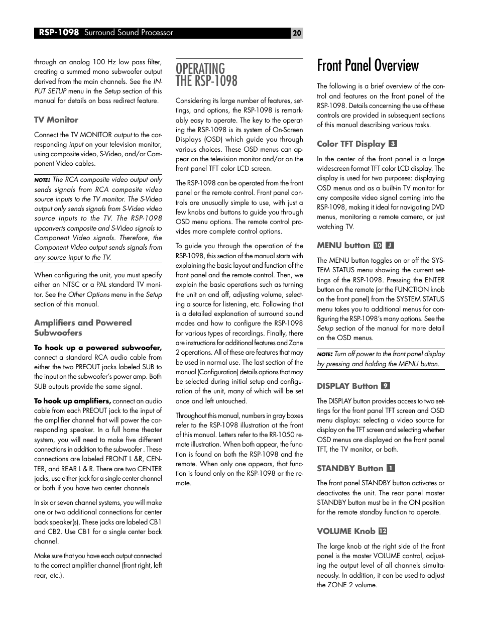 Tv monitor, Amplifiers and powered subwoofers, Operating the rsp-1098 | Front panel overview, Color tft display, Menu button, Display button, Standby button, Volume knob | ROTEL RSP-1098 User Manual | Page 20 / 112