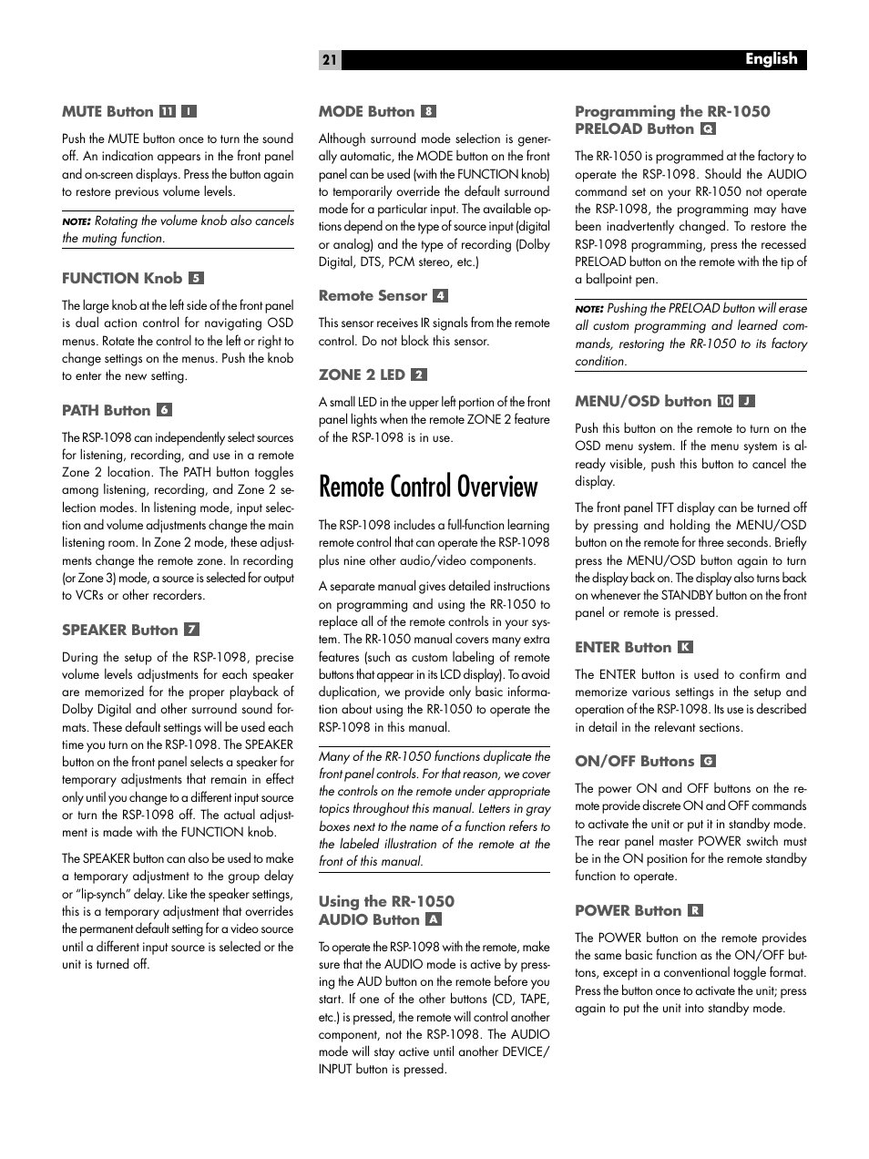 Mute button, Function knob, Path button | Speaker button, Mode button, Remote sensor, Zone 2 led, Remote control overview, Using the rr-1050 audio button, Programming the rr-1050 preload button | ROTEL RSP-1098 User Manual | Page 21 / 112